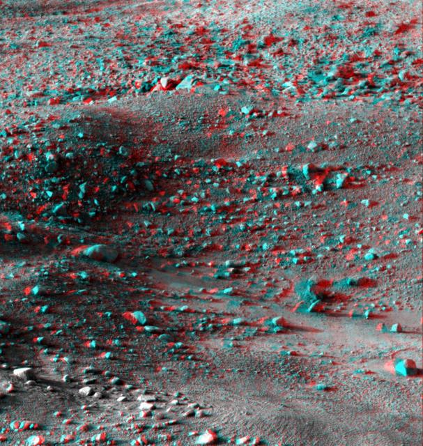 This anaglyph, acquired by NASA Phoenix Lander on Jun. 8, 2008, shows a stereoscopic 3D view of the Martian surface near the lander. 3D glasses are necessary to view this image.