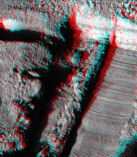 This anaglyph, acquired by NASA Phoenix Lander Surface Stereo Imager on June 19, 2008, shows a view of the Martian surface near the lander. The trench shown here is informally called Snow White 1. 3D glasses are necessary.