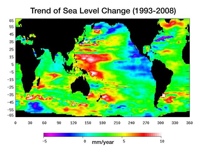 Warming water and melting land ice have raised global mean sea level 4.5 centimeters 1.7 inches from 1993 to 2008. But the rise is by no means uniform.