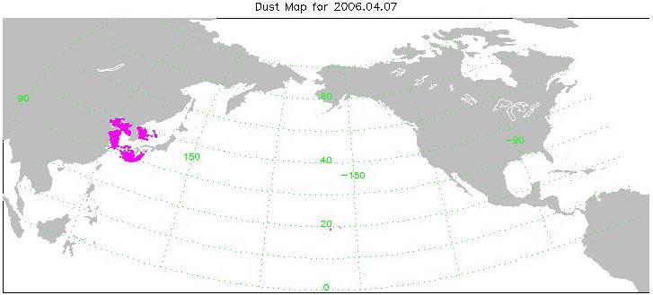 Transport of dust from China Dust Storm of April 2006, from the Atmospheric Infrared Sounder AIRS on NASA Aqua satellite.