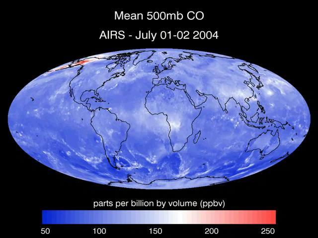 A series of maps of the transport of carbon monoxide generated by Alaska Fires, July 2004, created by data from the Atmospheric Infrared Sounder AIRS on NASA Aqua satellite.