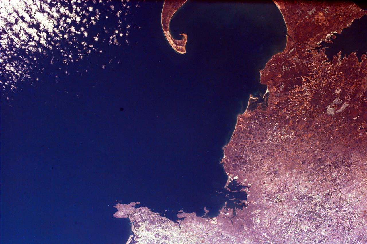 The distinctive curve of Cape Cod, Massachusetts and the greater Boston urban area are very clear of the northeastern coast of the United States in this image from NASA EarthKAM.