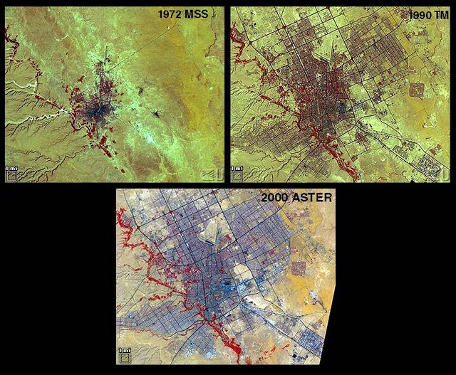 Riyadh, the national capital of Saudi Arabia, is shown in 1972, 1990 and 2000. Its population grew in these years from about a half million to more than two million. Saudi Arabia experienced urbanization later than many other countries; in the early 1970s its urban-rural ratio was still about 1:3. By 1990 that had reversed to about 3:1. The city grew through in-migration from rural areas, and from decreases in the death rate while birthrates remained high. The 1972 image is a Landsat MSS scene; the 1990 image is a Landsat Thematic Mapper scene; and the 2000 image is an ASTER scene. All three images cover an area of about 27 x 34 km. The image is centered at 24.6 degrees north latitude, 46.6 degrees east longitude.  http://photojournal.jpl.nasa.gov/catalog/PIA11087