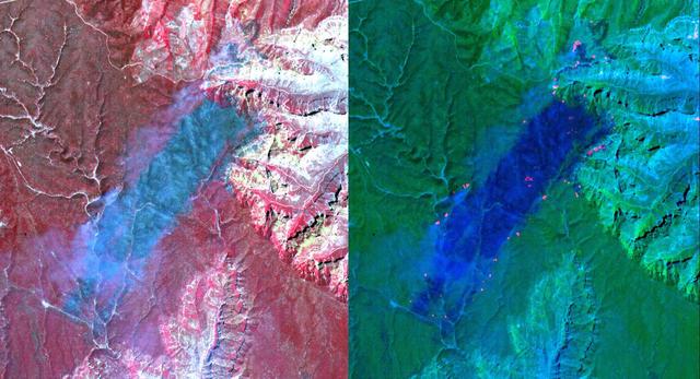 These ASTER images cover an area of 11 x 14 km on the north rim of the Grand Canyon, Arizona, and were acquired May 12, 2000. The left image displays bands 3,2,1 in RGB, displaying vegetation as red. The large dark area is burned forest, and small smoke plumes can be seen at the edges where active fires are burning. The right display substitutes SWIR band 8 for band 3. The bright red spots are the active fires, visible because the SWIR wavelength region has the capability to penetrate through the smoke. This image is located at 35.9 degrees north latitude and 113.4 degrees west longitude.  http://photojournal.jpl.nasa.gov/catalog/PIA11092