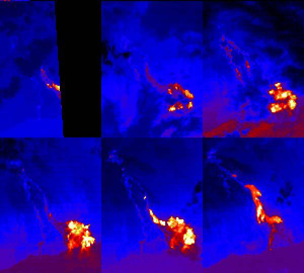 This sequence of ASTER nighttime thermal images shows the Pu'u O'o lava flows entering the sea at Kamokuna on the southeast side of the Island of Hawaii. Each image covers an area of 9 x 12 km. The acquisition dates are April 4 2000, May 13 2000, May 22 2000 (upper row) and June 30 2000, August 1 2000 and January 1 2001 (lower row). Thermal band 14 has been color coded from black (coldest) through blue, red, yellow and white (hottest). The first 5 images show a time sequence of a single eruptive phase; the last image shows flows from a later eruptive phase. The images are located at 19.3 degrees north latitude, 155 degrees west longitude.  http://photojournal.jpl.nasa.gov/catalog/PIA11093