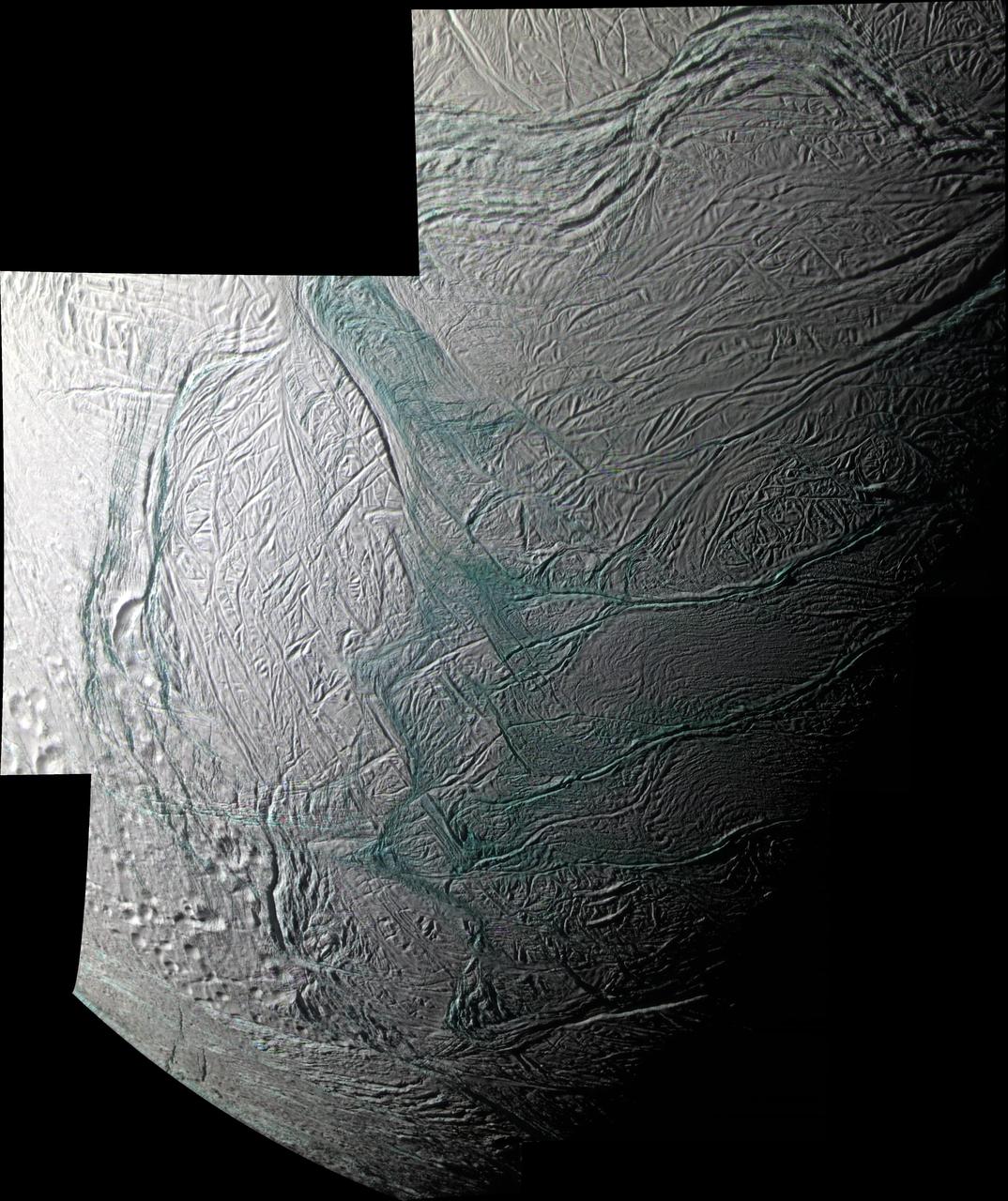 This sweeping mosaic of Saturn moon Enceladus provides broad regional context for the ultra-sharp, close-up views NASA Cassini spacecraft acquired minutes earlier, during its flyby on Aug. 11, 2008.