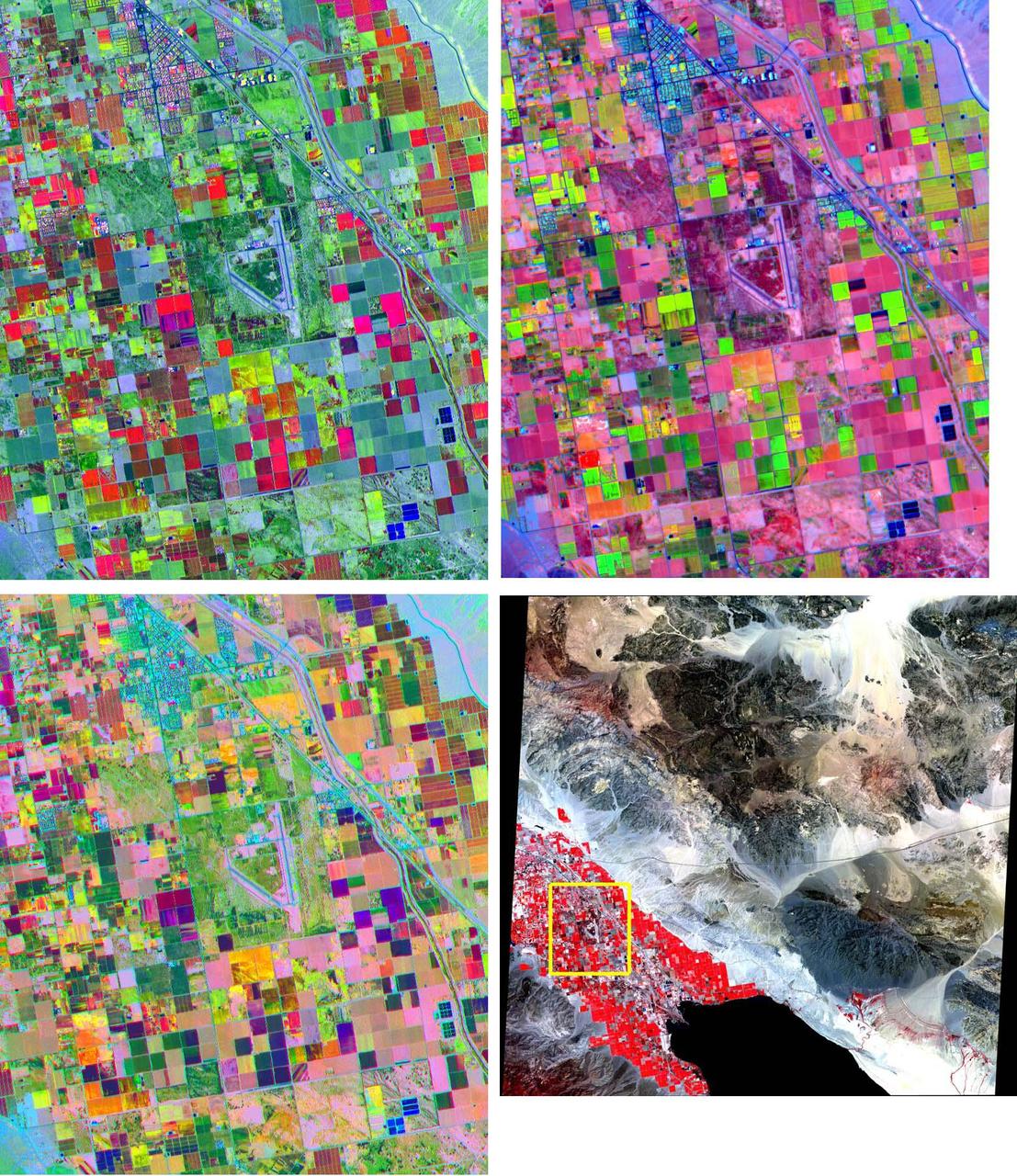 These band composites, acquired on June 4, 2000, cover a 11 by 13.5 km sub-scene in the Coachella Valley, CA. The area is shown by the yellow box on the full scene in the LOWER RIGHT corner, northwest of the Salton Sea. This is a major agricultural region of California, growing fruit and produce throughout the year. Different combinations of ASTER bands help identify the different crop types. UPPER LEFT: bands 3, 2, 1 as red, green, and blue (RGB); UPPER RIGHT: bands 4, 2, 1 as RGB; LOWER LEFT: bands 4, 3, 2 as RGB. The image is centered at 33.6 degrees north latitude, 116.1 degrees west longitude. http://photojournal.jpl.nasa.gov/catalog/PIA11161