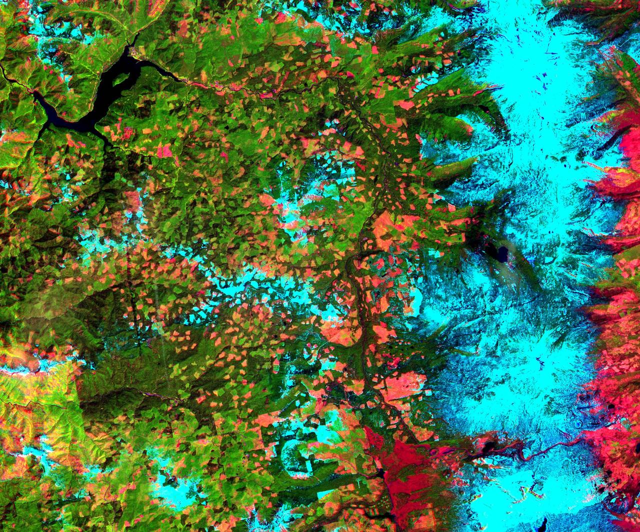 This 39 by 47 km ASTER sub-scene was acquired on May 20, 2000 and shows an area along the west side of the Cascade Range in west central Oregon. Bands 4, 3, and 2 were combined as red, green, and blue. In this composite, snow appears blue, forests are green, and clear-cut areas are orange-pink. The magnitude of logging operations is quite obvious, appearing as a checker board pattern. The image is centered at 44.6 degrees north latitude, 122.2 degrees west longitude.  http://photojournal.jpl.nasa.gov/catalog/PIA11165