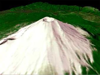 The nearly perfectly conical profile of Fuji soars 3,776 meters (12,388 feet) above sea level on southern Honshu, near Tokyo. The highest mountain in Japan, Fuji is the country's most familiar symbol. The summit of this graceful, dormant volcano is broken by a crater 610 meters (2,000 feet) in diameter. The crater is ringed by eight jagged peaks. The five Fuji Lakes lie on the northern slopes of the mountain, all formed in the wake of lava flows. Mirrored in the still waters of Kawaguchi-ko, the most beautiful of the five lakes, is a reflection of Fuji. Part of Fuji-Hakone-Izu National Park, Fuji last erupted for a two-month period starting in November 1707, covering Tokyo, some 100 kilometers (60 miles) away, with a layer of ash. According to legend, Fuji arose from the plain during a single night in 286 BC. Geologically, the mountain is much older than this.  Considered sacred by many, Fuji is surrounded by temples and shrines. Thousands of pilgrims climb the mountain each year as part of their religious practice, hoping to reach the summit by dawn to watch the sunrise. This animated fly-by was created by draping visible and near infrared image data over a digital topography model, created from ASTER's stereo bands. The spatial resolution of both the image and topography is 15 m. The image is centered at 35.3 degrees north latitude, 138.7 degrees east longitude.   http://photojournal.jpl.nasa.gov/catalog/PIA11166