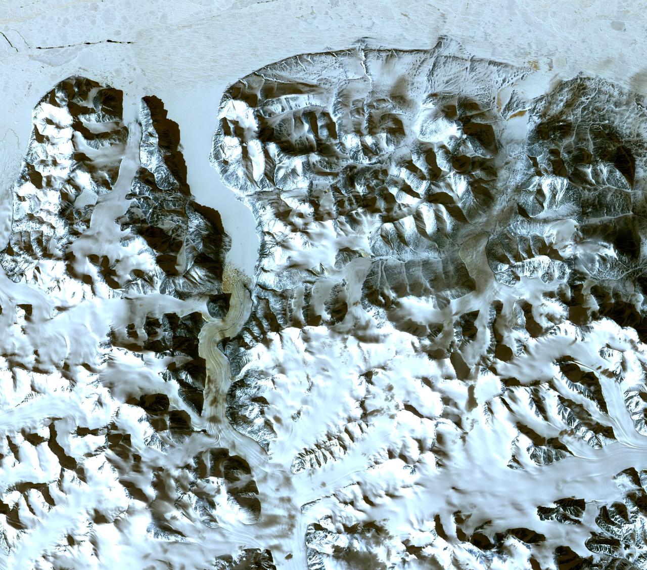 The northernmost land in the world is located in Pearyland, Greenland, at a latitude of 83 degrees, 39.6 minutes. This is a land of permanent snows, glaciers, and 24-hours of daylight during the summer months. The ASTER image was acquired May 17, 2003, covers an area of 47.9 x 42.1 km, and is located at 83.6 degrees north latitude, 33.4 degrees west longitude. http://photojournal.jpl.nasa.gov/catalog/PIA11169