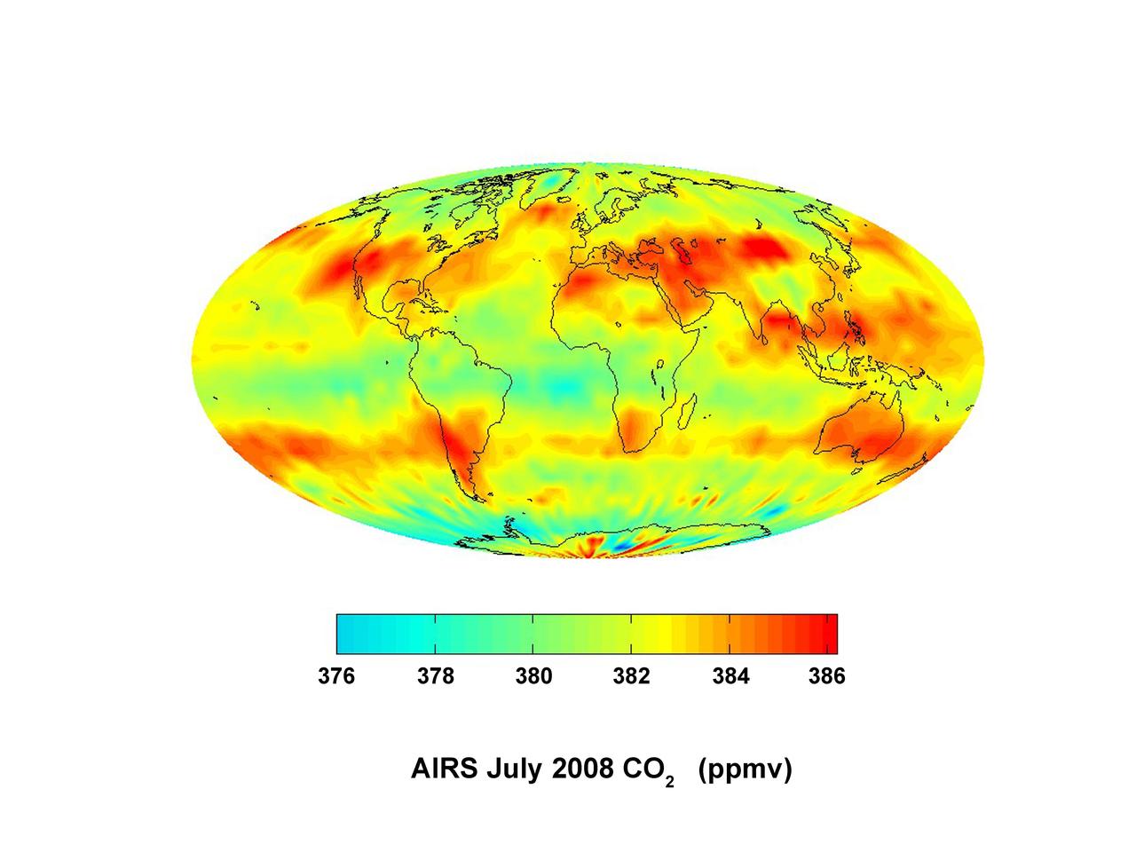 This image was created with data acquired by JPLa Atmospheric Infrared Sounder during July 2008. The image shows large scale patterns of carbon dioxide concentrations that are transported around the Earth by the general circulation of the atmosphere.