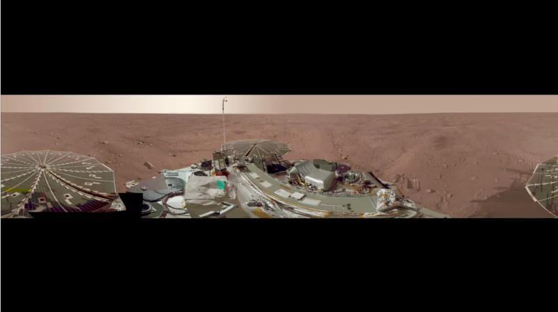 This view combines more than 500 images taken after NASA Phoenix Mars Lander arrived on an arctic plain at 68.22 degrees north latitude, 234.25 degrees east longitude on Mars.