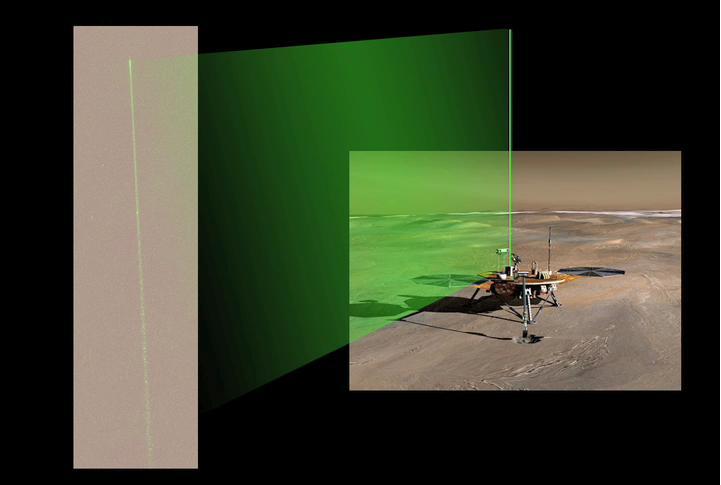 The Surface Stereo Imager camera aboard NASA Phoenix Mars Lander acquired a series of images of the laser beam in the Martian night sky. Bright spots in the beam are reflections from ice crystals in the low level ice-fog.
