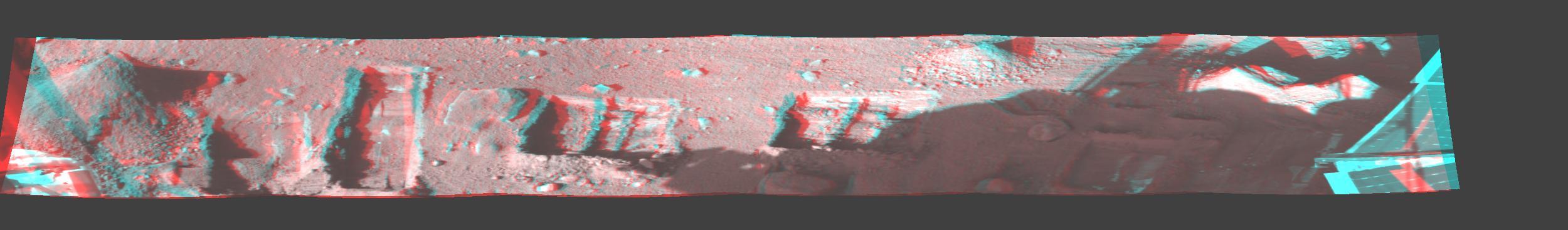 This image is a stereo, panoramic view of various trenches dug by NASA Phoenix Mars Lander on Oct. 7, 2008. 3D glasses are necessary to view this image.