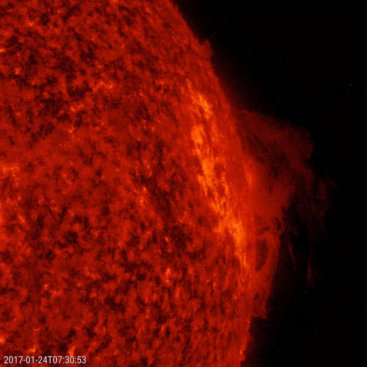 On Jan. 23-24, 2017, NASA Solar Dynamics Observatory watched as a solar prominence rose up along the edge of the sun and twisted and churned for about two days before falling apart. The dynamic action was generated by competing magnetic forces.  The images were taken in a wavelength extreme ultraviolet light that observes activity close to the solar surface, perfect for capturing prominences, which are notoriously unstable clouds of plasma suspended above the sun.  Movies are available at http://photojournal.jpl.nasa.gov/catalog/PIA11237