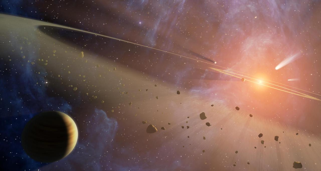This artist conception shows the closest known planetary system to our own, called Epsilon Eridani. Observations from NASA Spitzer Space Telescope show that the system hosts two asteroid belts.