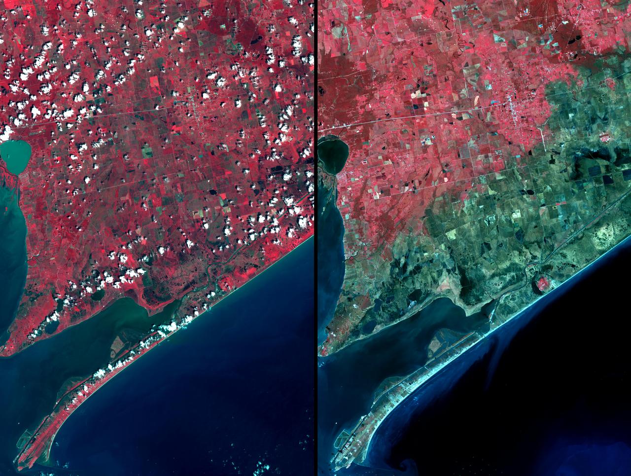 Three weeks after Hurricane Ike came ashore near Galveston, TX, residents returned to find their houses in ruins. Images were acquired by NASA Terra satellite on September 28, right, and August 15, 2006, left.