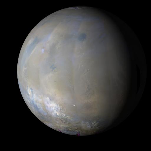 NASA MARCI acquires a global view of the red planet and its weather patterns every day. This image was taken on Nov. 3, 2008 by the Mars Reconnaissance Orbiter.
