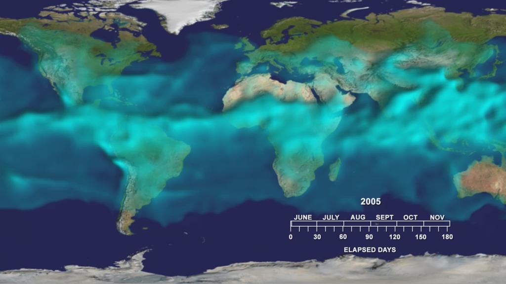 This visualization from the Atmospheric Infrared Sounder AIRS on NASA Aqua satellite shows variations in the three dimensional distribution of water vapor in the atmosphere during the summer and fall of 2005.