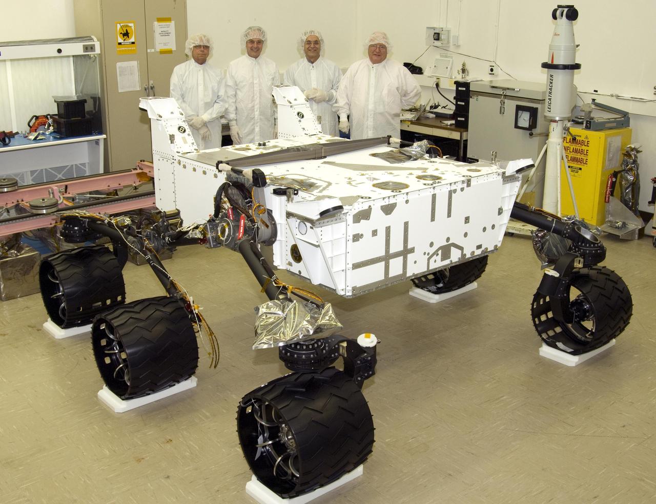  This image taken in August 2008 in a clean room at NASA JPL, Pasadena, Calif., shows NASA next Mars rover, the Mars Science Laboratory, in the course of its assembly, before additions of its arm, mast, laboratory instruments and other equipment.