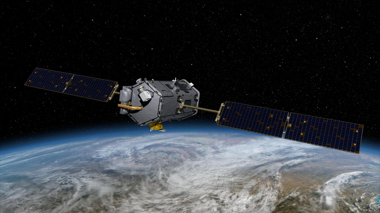 This image is an artist’s concept of the Orbiting Carbon Observatory