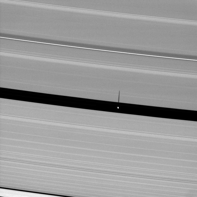 Saturn moon Pan, orbiting in the Encke Gap, casts a slender shadow onto the A ring.