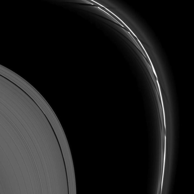 The effects of the moon Prometheus create intricate formations in Saturn thin F ring.