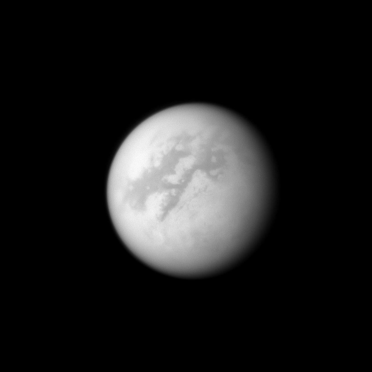 The Cassini spacecraft looks toward Fensal and Aztlan, two dark areas near the equator of Titan.