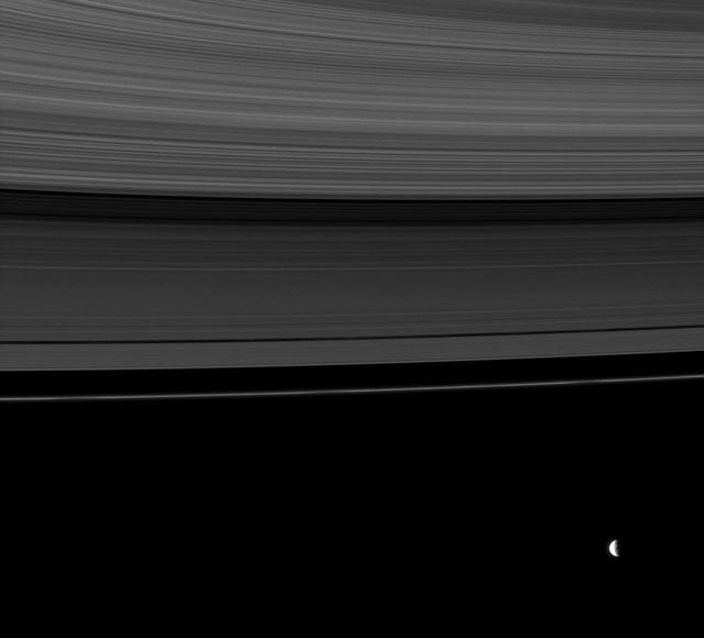 The rings share this view with Mimas, a moon whose gravity influences the rings in this image taken by NASA Cassini Orbiter.