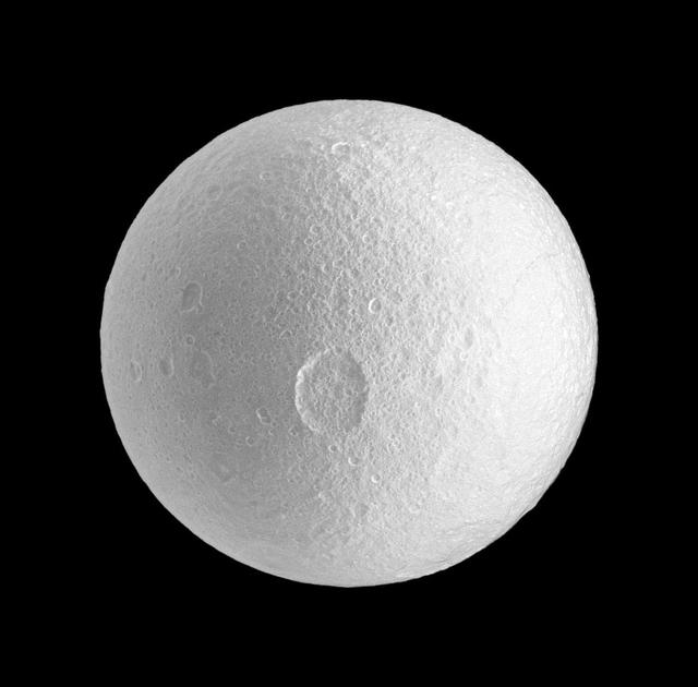 NASA Cassini spacecraft spies the large Penelope crater on Saturn moon Tethys.