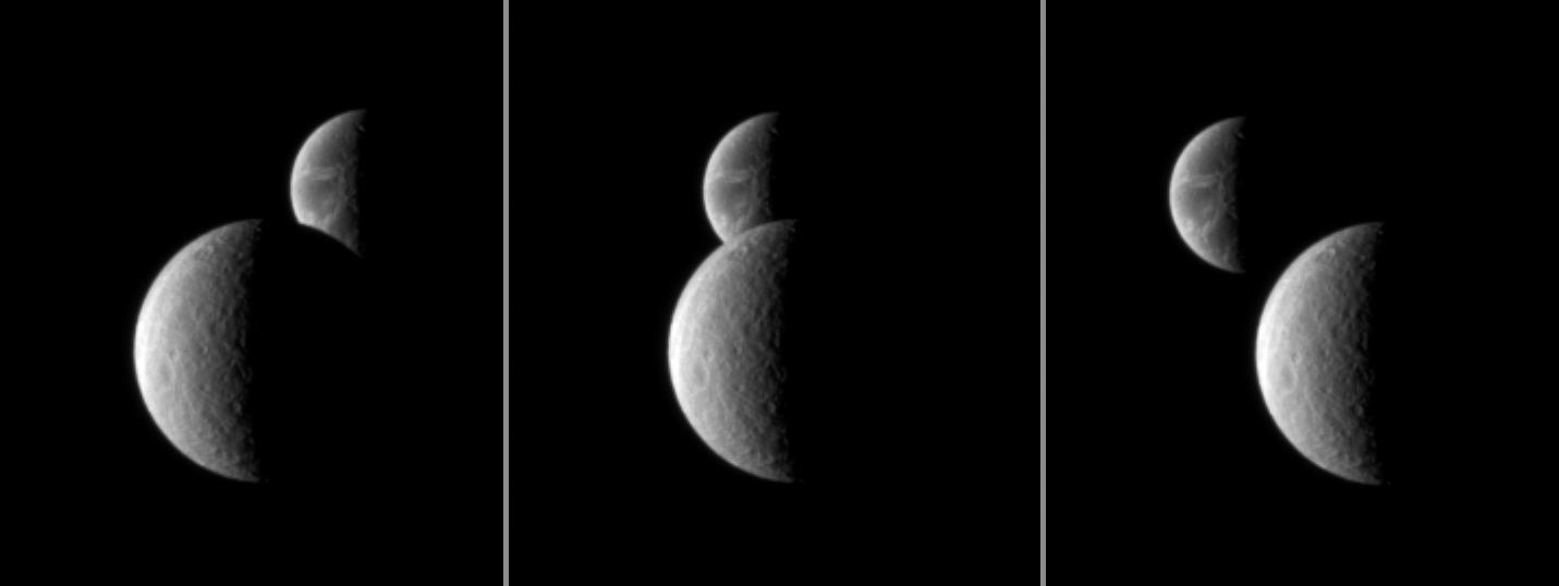 Saturn moon Rhea passes in front of Dione, as seen from NASA Cassini spacecraft. These images are part of a mutual event sequence in which one moon passes close to, or in front of, another.