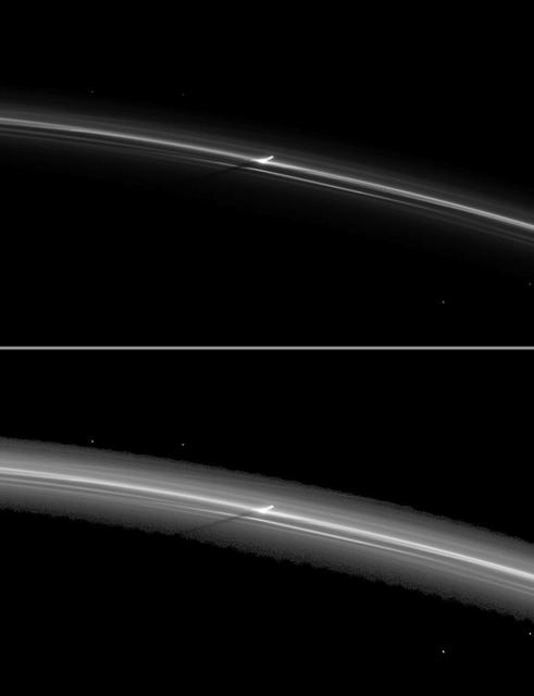 As Saturn approaches its August 2009 equinox, a shadow is cast by a narrow, vertically extended feature in the F ring.