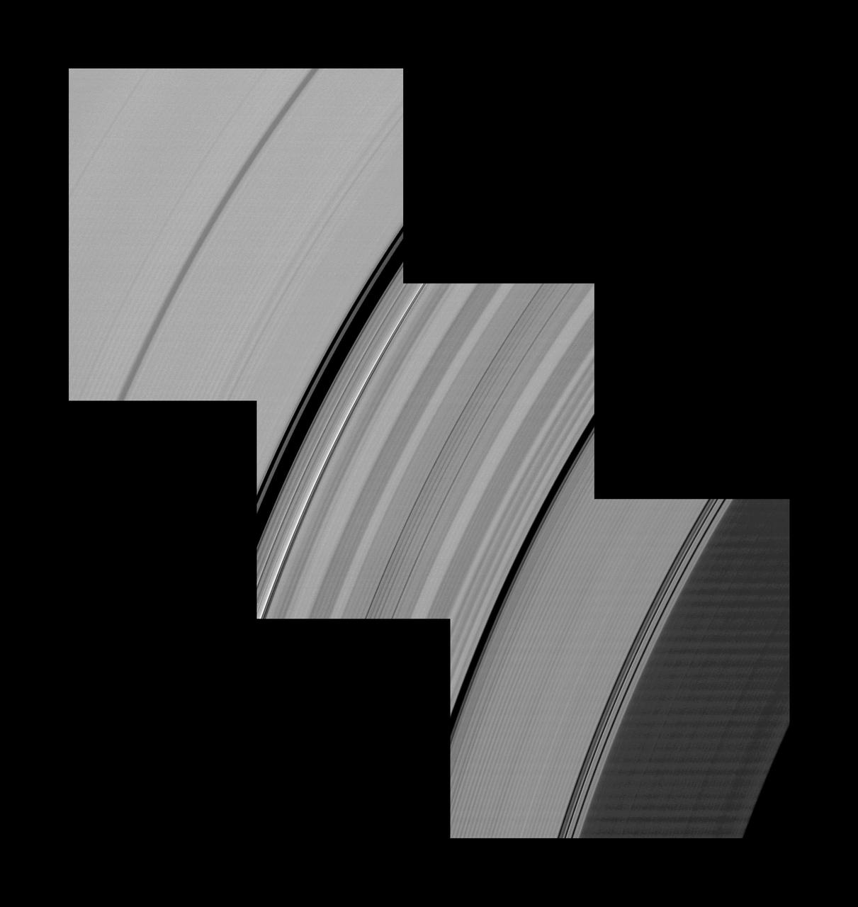 Alternating light and dark bands, extending a great distance across Saturn’s D and C rings taken by NASA Cassini spacecraft one month before the planet’s August 2009 equinox.