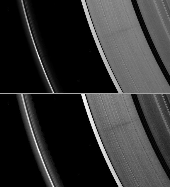 A vertically extended structure or object in Saturn F ring casts a shadow long enough to reach the A ring in this Cassini image taken just days before planet August 2009 equinox.