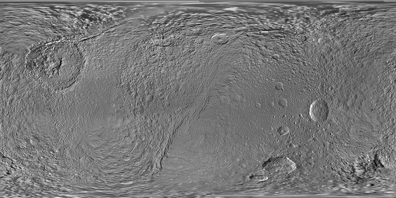This updated global map of Saturn moon Tethys was created using images taken by NASA Cassini spacecraft.