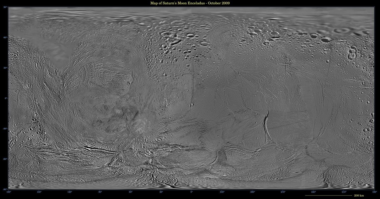 This image shows an updated map of Saturn icy moon Enceladus, generated by NASA Cassini imaging team. The map incorporates new images taken in 2008, with better image processing techniques.
