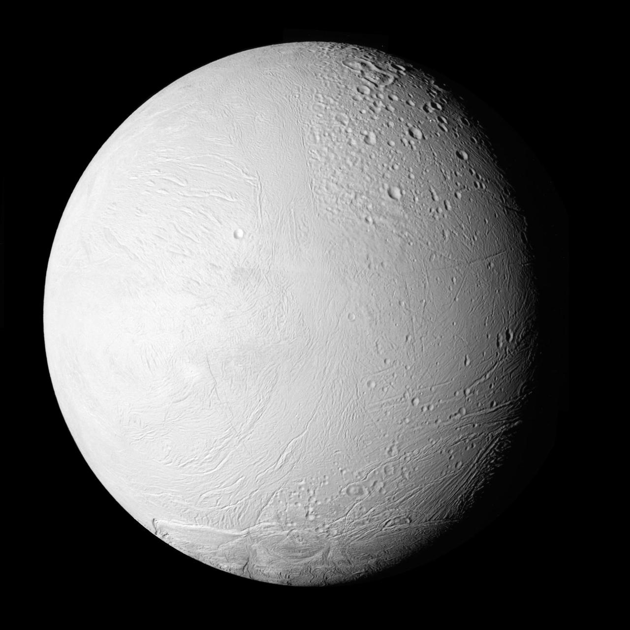 NASA Cassini spacecraft shows a new view of Saturn moon Enceladus in a whole-disk mosaic of the geologically active moon leading, or western, hemisphere.