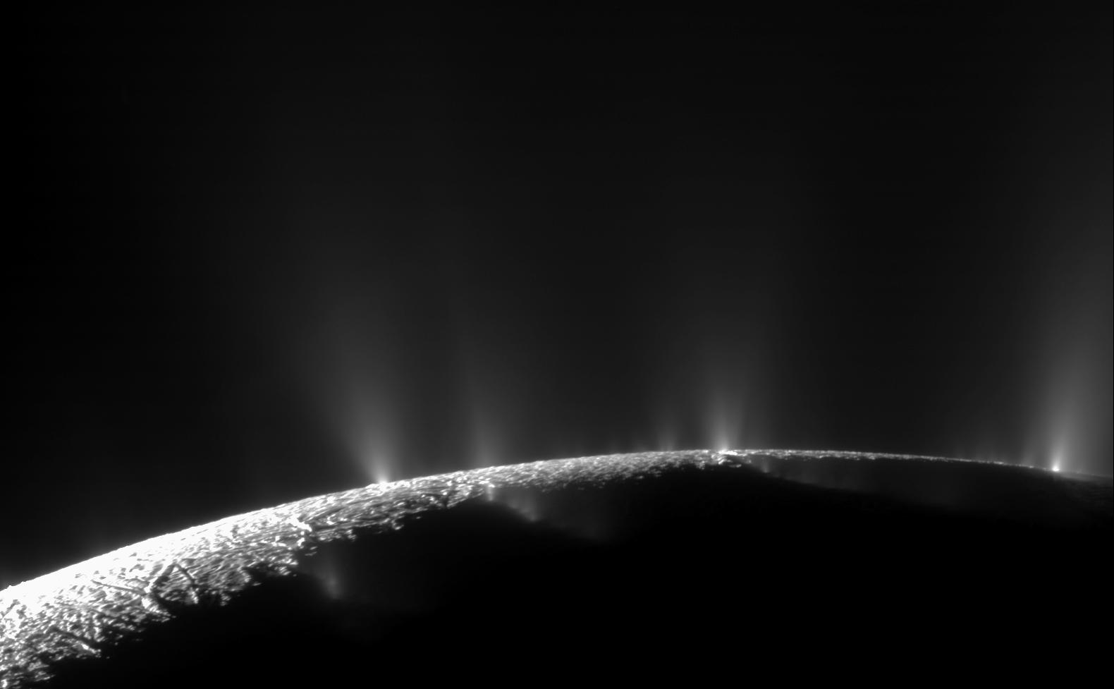 NASA Cassini spacecraft captured dramatic plumes, both large and small, spray water ice out from many locations along the famed tiger stripes near the south pole of Saturn moon Enceladus.