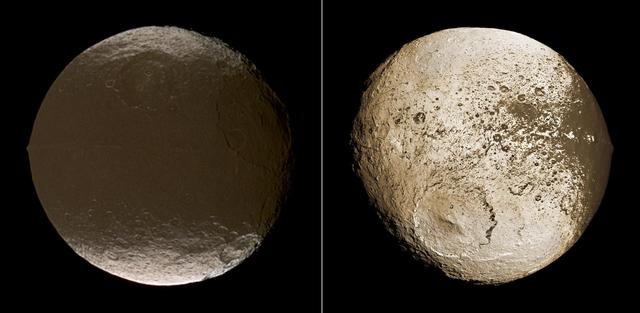 These two global images of Iapetus taken by NASA Cassini spacecraft show the extreme brightness dichotomy on the surface of this peculiar Saturnian moon.