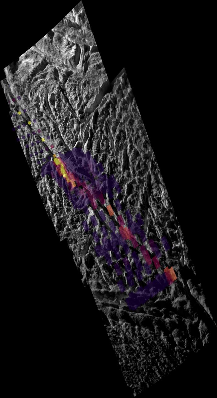 This image, combining data from the imaging science subsystem and composite infrared spectrometer aboard NASA Cassini spacecraft, shows pockets of heat appearing along one of the mysterious fractures in the south polar region of Saturn moon Enceladus