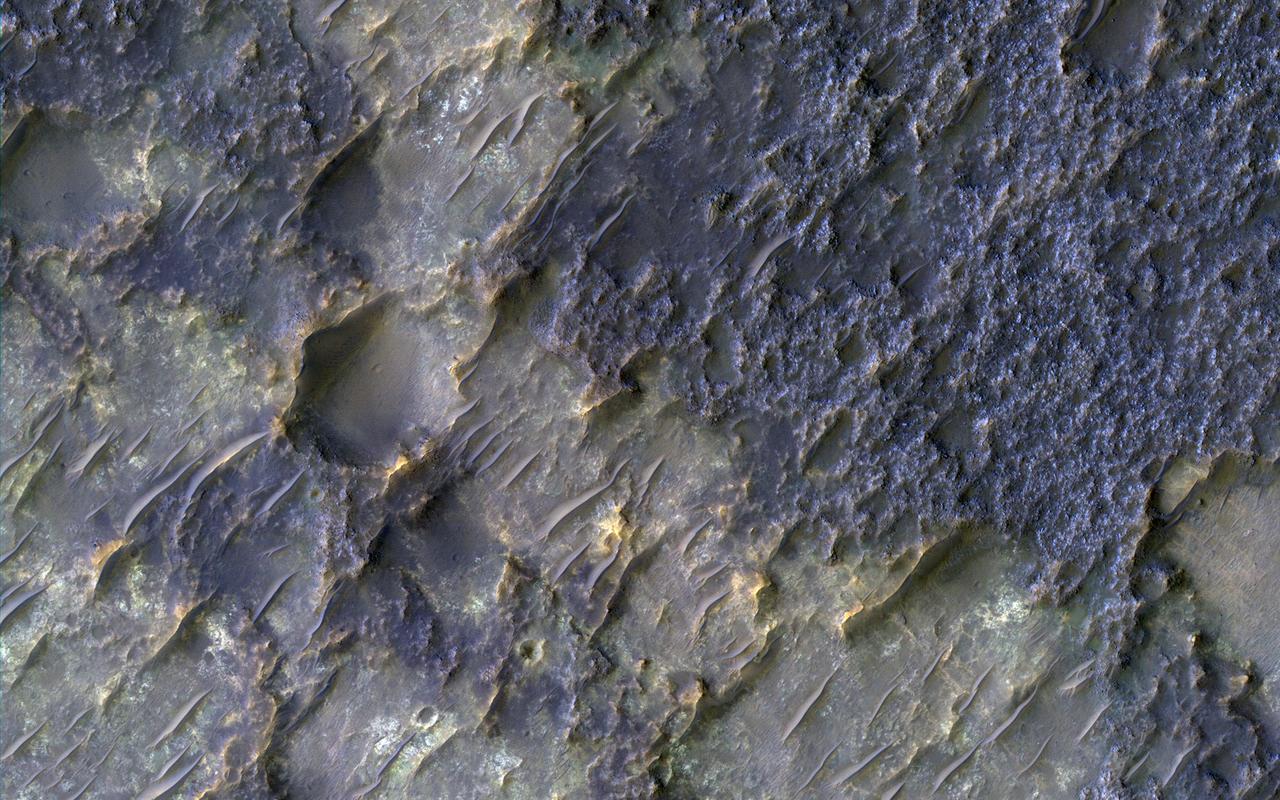 In this image from NASA Mars Reconnaissance Orbiter is an old degraded crater that has undergone a complex history of burial and erosion.  The image shows a surface with at least two types of exposed bedrock, one that is light-toned and one that is dark.  The overlying, rougher blueish-toned bedrock appears to have undergone the most extensive erosion, revealing the smoother, fractured yellowish-toned bedrock below. We see windblown (aeolian) bedforms across the image, possibly the culprit behind the erosive forces that have removed and uncovered the underlying yellowish-toned bedrock visible today.  http://photojournal.jpl.nasa.gov/catalog/PIA11705