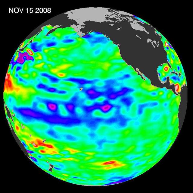 The latest image of sea-surface height measurements from NASA U.S./French Jason-1 oceanography satellite shows the Pacific Ocean remains locked in a strong, cool phase of the Pacific Decadal Oscillation.