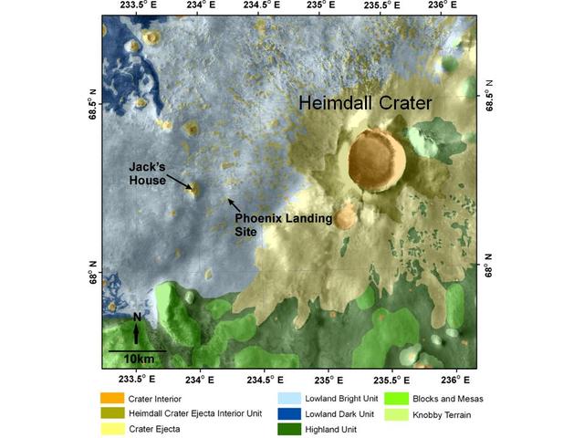 This map shows a color-coded interpretation of geomorphic units -- categories based on surface textures and contour -- in the region where NASA Phoenix Mars Lander has studied an arctic Martian plain.