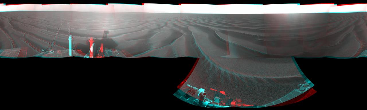 NASA Mars Exploration Rover Opportunity combined images into this stereo, 360-degree view of the rover surroundings on Oct. 22, 2008. Opportunity position was about 300 meters southwest of Victoria. 3D glasses are necessary to view this image.