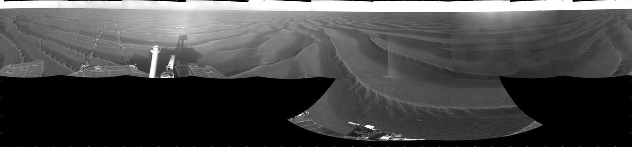 NASA Mars Exploration Rover Opportunity used its navigation camera to take the images combined into this 360-degree view of the rover surroundings.