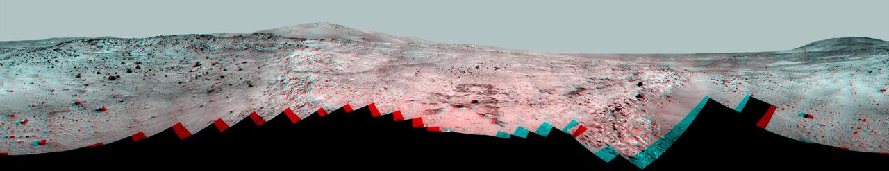 This 360-degree panorama shows the vista from the location where NASA Mars Exploration Rover Spirit has spent its third Martian southern-hemisphere winter inside Mars Gusev Crater. 3D glasses are necessary to view this image.