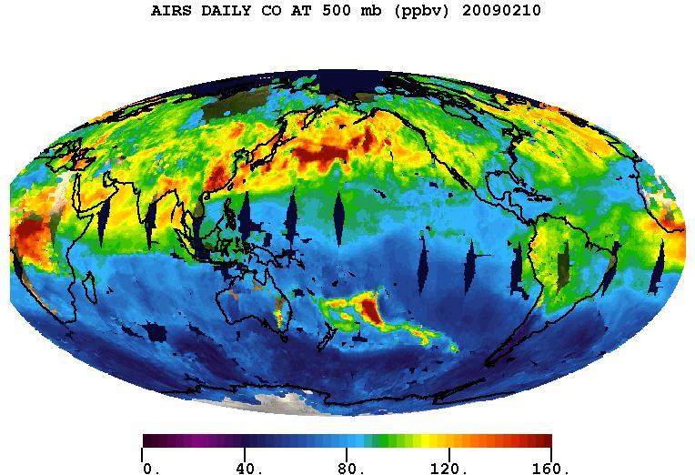 Carbon monoxide from the Australian fires of February, 2009, as seen by the Atmospheric Infrared Sounder AIRS on NASA Aqua satellite.