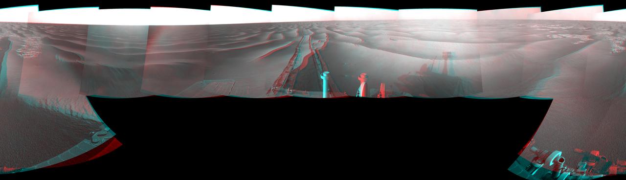 This stereo mosaic of images from NASA Mars Exploration Rover Opportunity shows surroundings of the rover location following an 111 meters 364 feet drive east-northeastward on Feb. 12, 2009. 3D glasses are necessary to view this image.