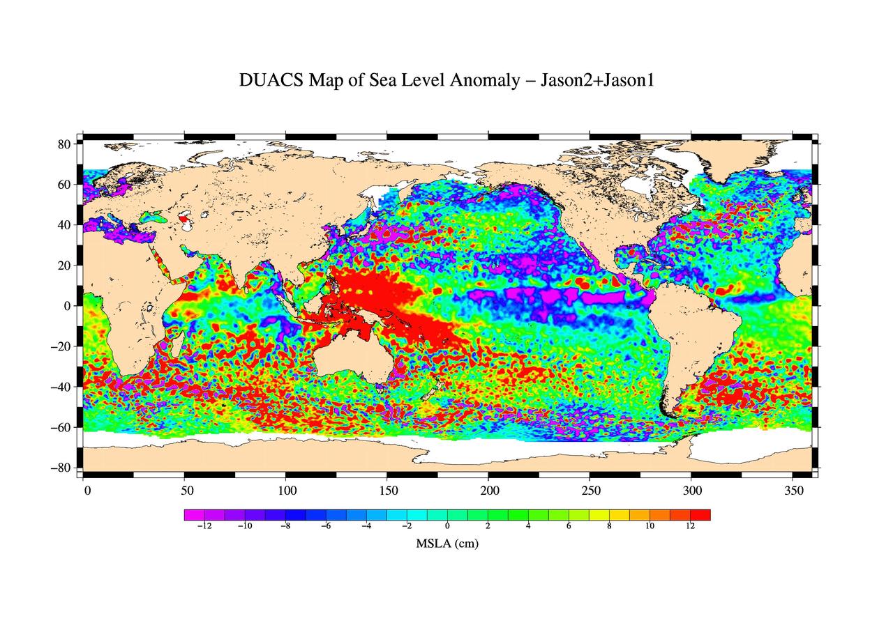 This is the first global map of ocean surface topography produced with data from the new interleaved tandem mission of NASA Jason-1 and Ocean Surface Topography Mission OSTM/Jason-2 satellites.