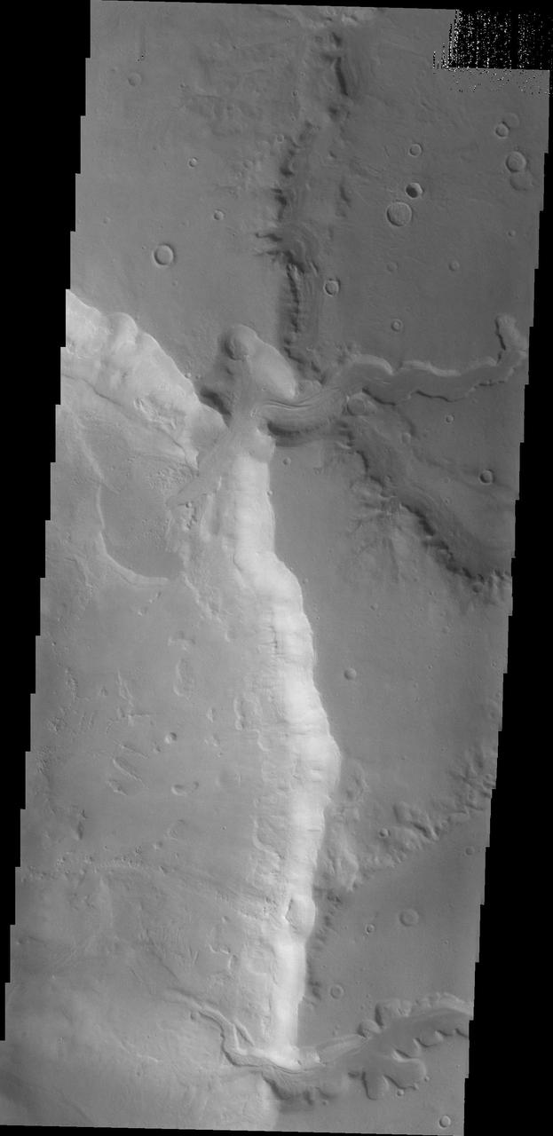 This 2001 Mars Odyssey image shows two channels entering an unnamed crater in Arabia Terra. The northern channel has formed a delta deposit on the floor of the crater.